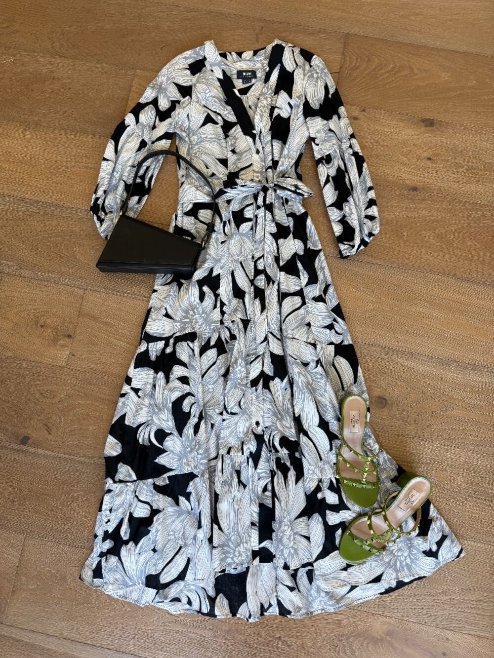 Maeve Anthropologie Floral V-Neck Long Sleeve Tiered Maxi Dress- Black and White